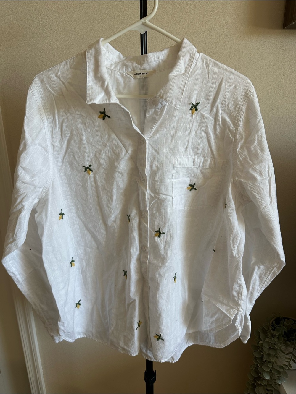 Lucky Brand White Button-Down Shirt with Yellow & Green Embroidered Lemons